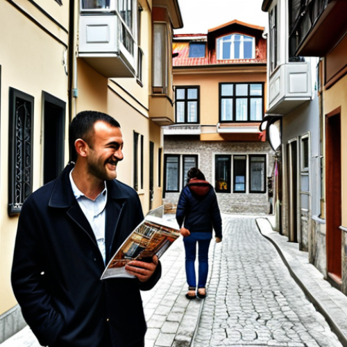 Home 11 **Image Prompt:** "A bustling Istanbul neighborhood street scene. Modern apartment buildings rise alongside traditional Turkish houses. People are walking, shopping, and enjoying cafes. In the foreground, a young couple looks at a real estate brochure with a smile, suggesting they are considering a property investment. Include elements that suggest growth and opportunity, such as construction cranes in the distance."