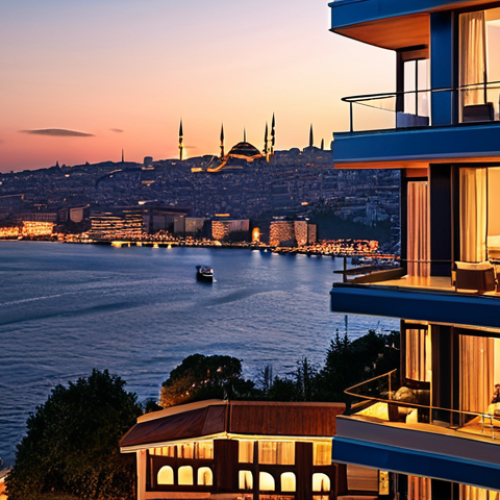 Home 6 **
"Modern Istanbul apartment complex at sunset, overlooking the Bosphorus. Balconies, contemporary architecture, vibrant city lights reflecting on the water. Focus on luxury and aspirational living."
**